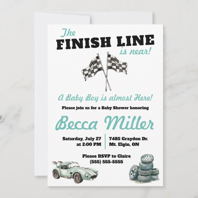 Finish Line ist in der Nähe! Race Car Baby Dusche Einladung (Vorderseite)