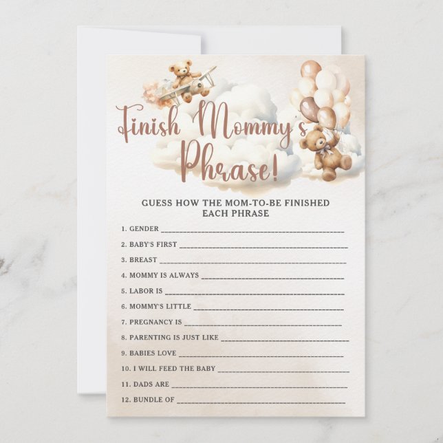 FINISH MOMMY'S PHRASE Baby Shower Game Niedlich Be Einladung (Vorderseite)