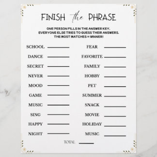 Finish the Phrase Game – Printable Guessing Party Briefbogen