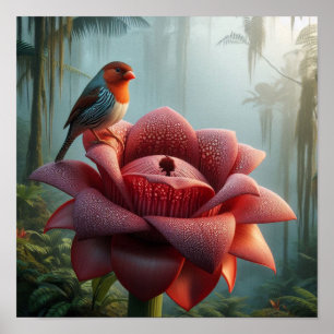 Fink auf riesiger Dschungelblume in launischer Tro Poster