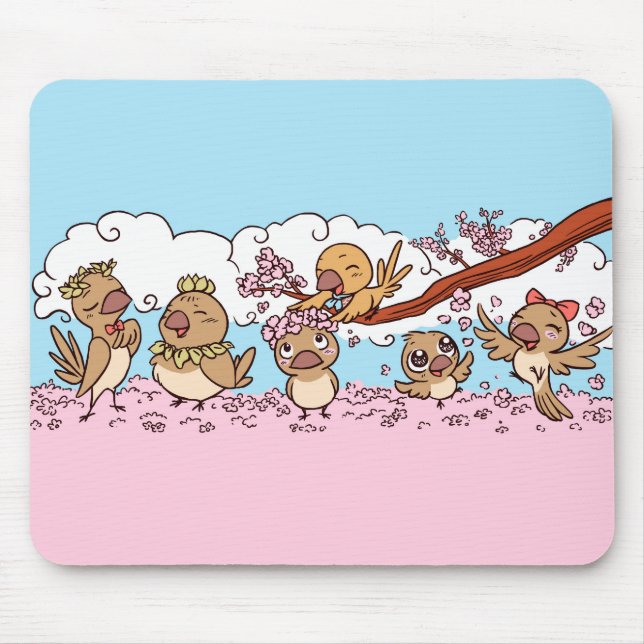 Finkvögel mit rosa Kirschblüte-Blumen Mousepad (Vorne)