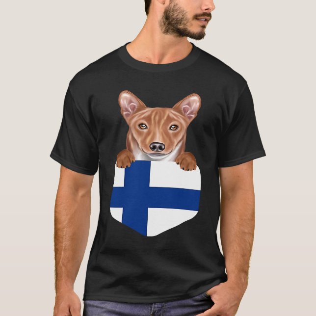 Finland Flag Basenji Dog In Pocket T-Shirt (Vorderseite)