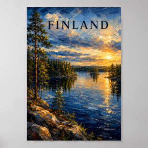 Finland: Serene Sunset Lake Art Souvenir Poster