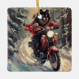 Finnisch Lapphund Dog Riding Motorrad Weihnachten Keramikornament