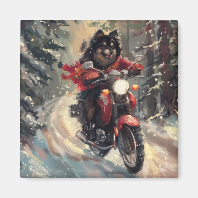 Finnisch Lapphund Dog Riding Motorrad Weihnachten Magnet (Vorne)