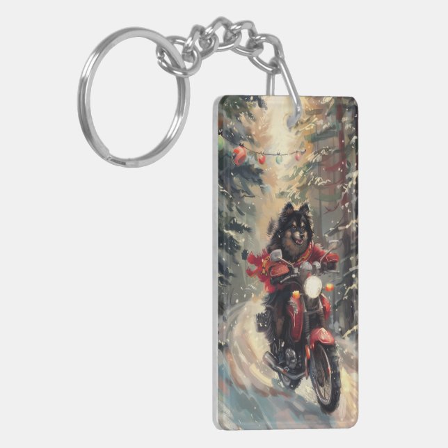 Finnisch Lapphund Dog Riding Motorrad Weihnachten Schlüsselanhänger (Vorderseite links)