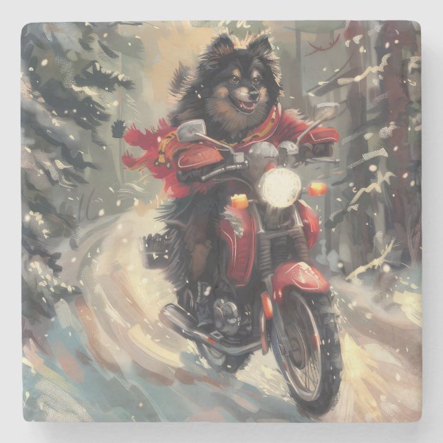 Finnisch Lapphund Dog Riding Motorrad Weihnachten Steinuntersetzer (Vorderseite)