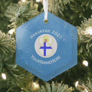 Finnische Flagge Chanukka-Engelsname Jahres-Hexago Ornament Aus Glas