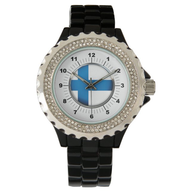 Finnische Flagge - Kristall Black Enamel Watch Armbanduhr (Vorderseite)