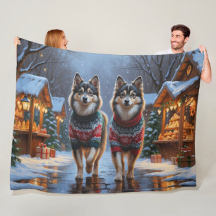 Finnische Lapphund-Hunde Weihnachten Schnee Feiert Fleecedecke