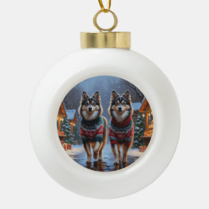 Finnische Lapphund-Hunde Weihnachten Schnee Urlaub Keramik Kugel-Ornament