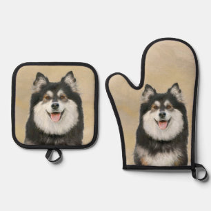 Finnische Lapphund Malerei Schwarz und Tan Dog Art Ofenhandschuh & Topflappen-Set