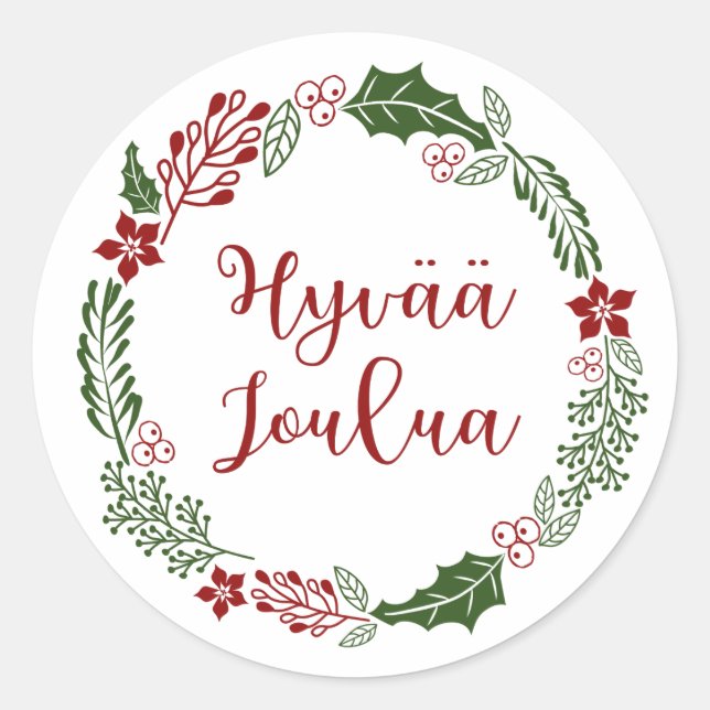 Finnischer froher Weihnachtskranz, Hyvää joulua Runder Aufkleber (Vorderseite)