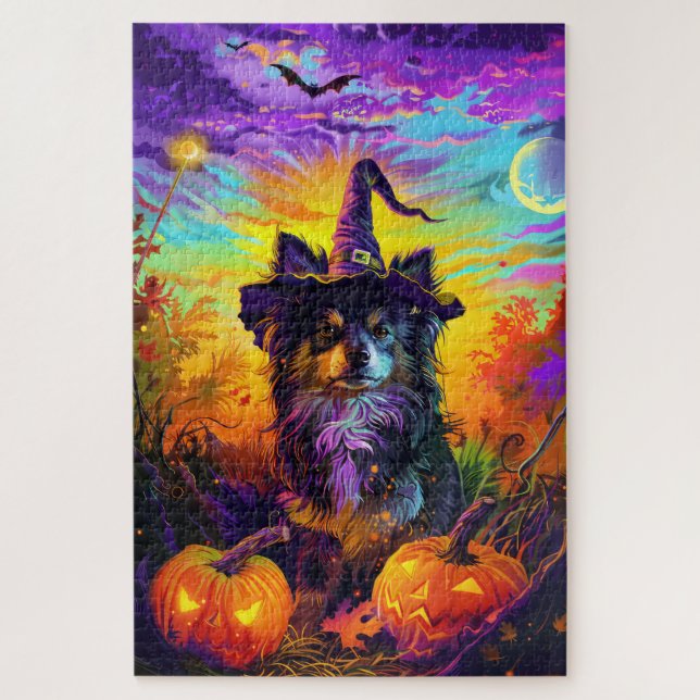 Finnischer Lapphund Hund Halloween Hexe und Kürbis (Vertikal)