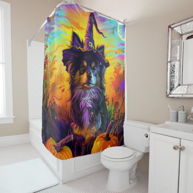 Finnischer Lapphund Hund Halloween Hexe und Kürbis Duschvorhang (Beispiel)