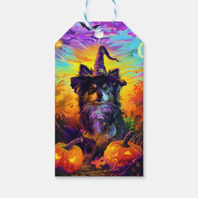 Finnischer Lapphund Hund Halloween Hexe und Kürbis Geschenkanhänger (Vorderseite)