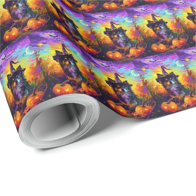 Finnischer Lapphund Hund Halloween Hexe und Kürbis Geschenkpapier (Rolleneckpunkt)