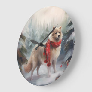 Finnischer Lapphund Hund im Schnee Weihnachten  Große Wanduhr