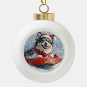 Finnischer Lapphund im Schlitten Lass es schneien  Keramik Kugel-Ornament