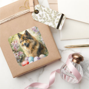 Finnischer Lapphund mit Ostereiern Quadratischer Aufkleber