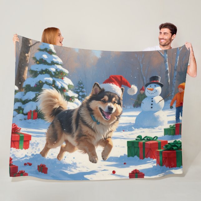 Finnischer Lapphund Running Snow mit Weihnachtshut Fleecedecke (Beispiel)