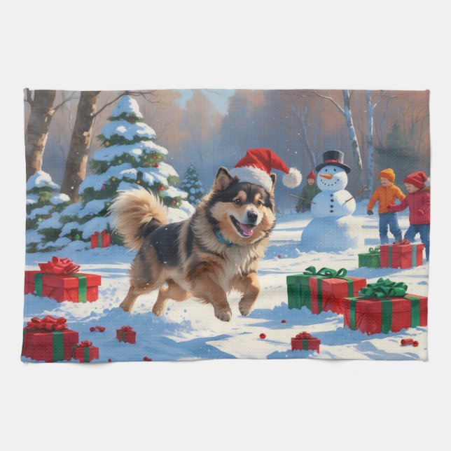 Finnischer Lapphund Running Snow mit Weihnachtshut Geschirrtuch (Horizontal)