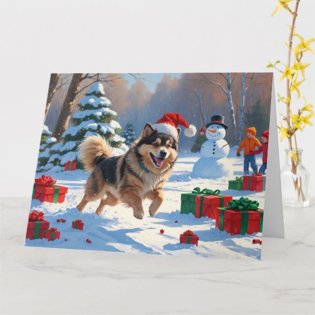 Finnischer Lapphund Running Snow mit Weihnachtshut Karte (Gelbe Blume)