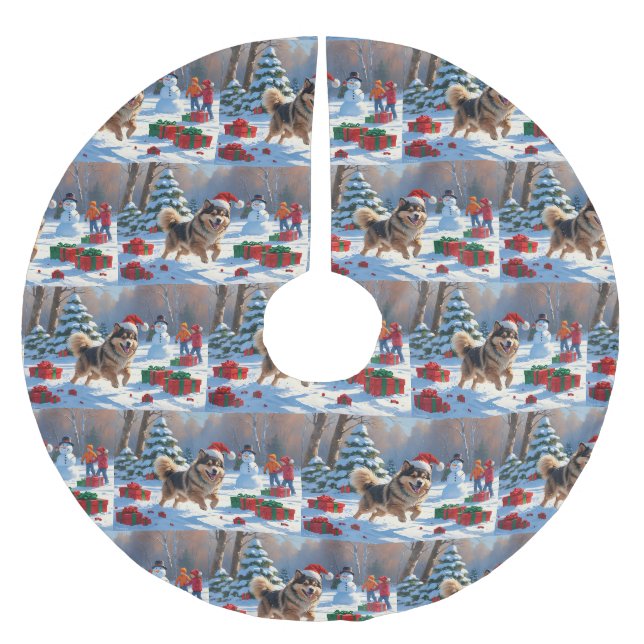 Finnischer Lapphund Running Snow mit Weihnachtshut Polyester Weihnachtsbaumdecke (Vorderseite)