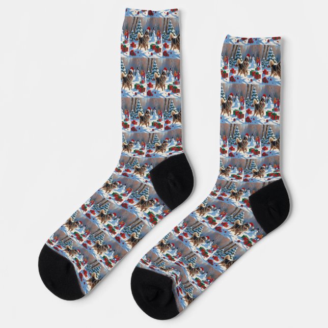 Finnischer Lapphund Running Snow mit Weihnachtshut Socken (Linkes Detail)