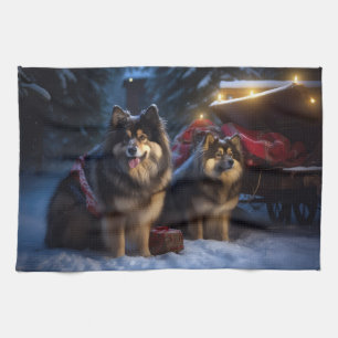 Finnischer Lapphund Schneebedeckter Schlitten Weih Geschirrtuch