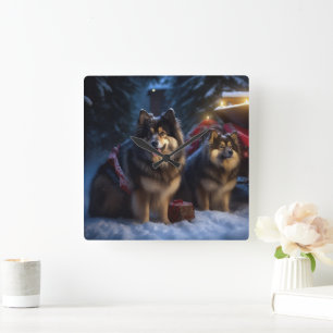 Finnischer Lapphund Schneebedeckter Schlitten Weih Quadratische Wanduhr