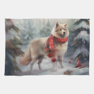 Finnischer Lapplandhund im Schnee Weihnachten Geschirrtuch