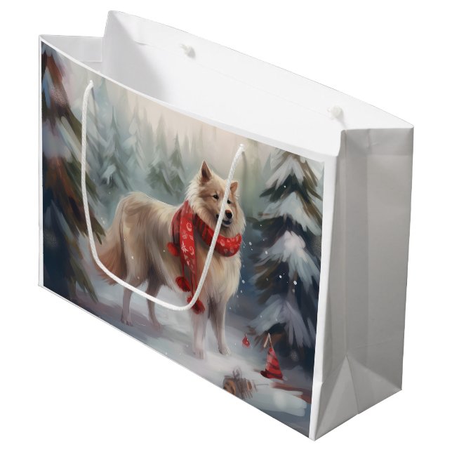 Finnischer Lappund Hund in Schnee Weihnachten Große Geschenktüte (Vorderseite Schrägansicht)