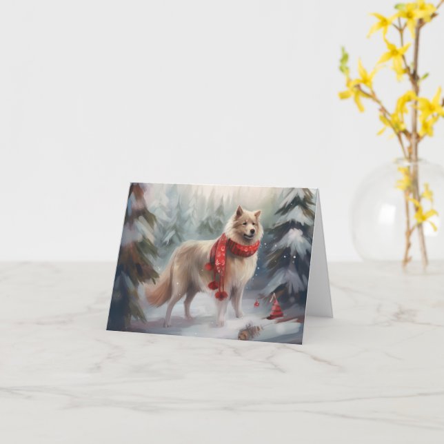 Finnischer Lappund Hund in Schnee Weihnachten Karte (Gelbe Blume)