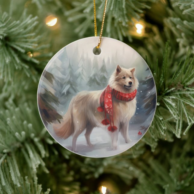 Finnischer Lappund Hund in Schnee Weihnachten Keramik Ornament (Baum)