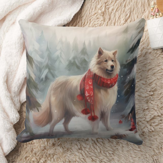 Finnischer Lappund Hund in Schnee Weihnachten Kissen (Decke)