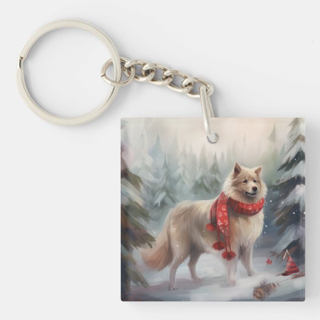 Finnischer Lappund Hund in Schnee Weihnachten Schlüsselanhänger (Vorderseite)