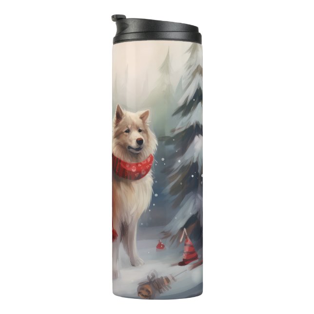 Finnischer Lappund Hund in Schnee Weihnachten Thermosbecher (Nach rechts gedreht)