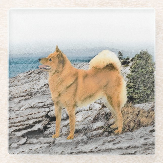 Finnischer Spitz beim Seashore-Gemälde - Hundekuns Glasuntersetzer (Vorderseite)