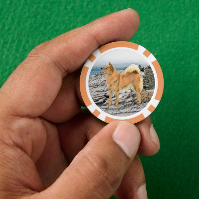 Finnischer Spitz beim Seashore-Gemälde - Hundekuns Pokerchips (Hand)