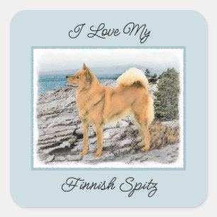 Finnischer Spitz beim Seashore-Gemälde - Hundekuns Quadratischer Aufkleber