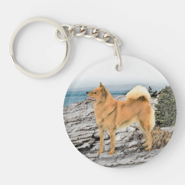 Finnischer Spitz beim Seashore-Gemälde - Hundekuns Schlüsselanhänger (Vorderseite)