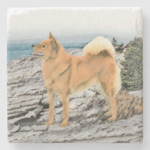 Finnischer Spitz beim Seashore-Gemälde - Hundekuns Steinuntersetzer