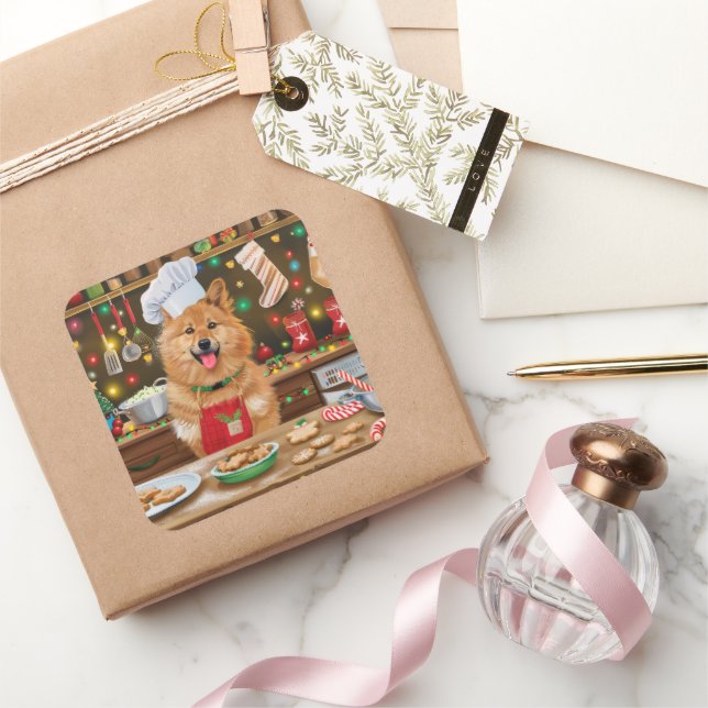 Finnischer Spitz Feiertag Backen: Feierliche Weihn Quadratischer Aufkleber (Schenken)