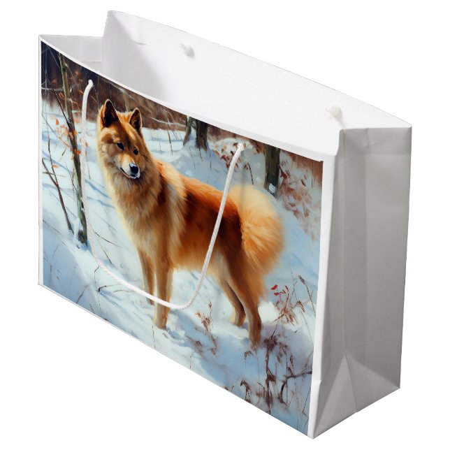 Finnischer Spitz lässt es Weihnachten schneien Große Geschenktüte (Vorderseite Schrägansicht)
