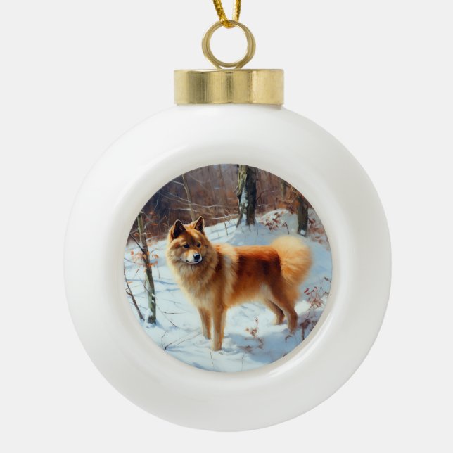 Finnischer Spitz lässt es Weihnachten schneien Keramik Kugel-Ornament (Vorderseite)