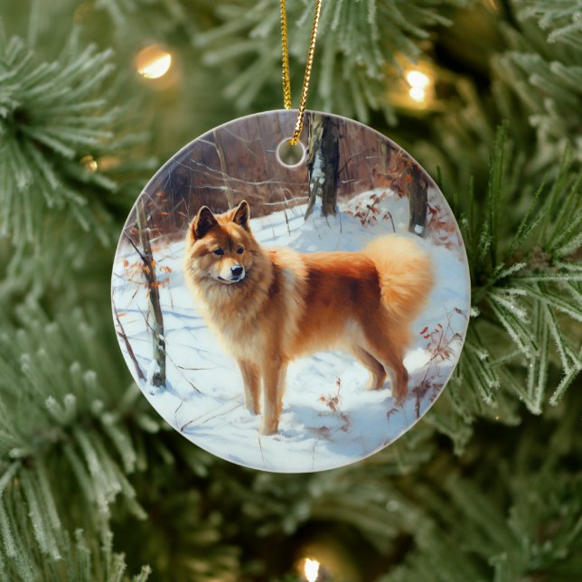 Finnischer Spitz lässt es Weihnachten schneien Keramik Ornament (Baum)