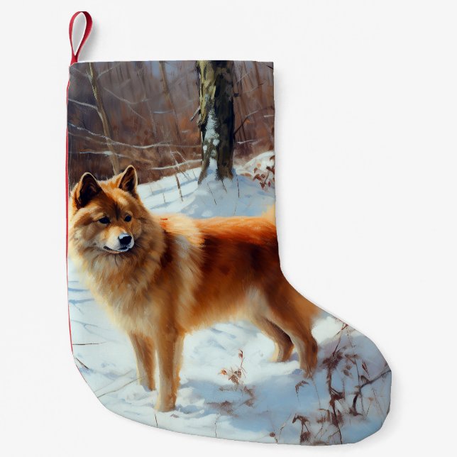 Finnischer Spitz lässt es Weihnachten schneien Kleiner Weihnachtsstrumpf (Vorderseite)