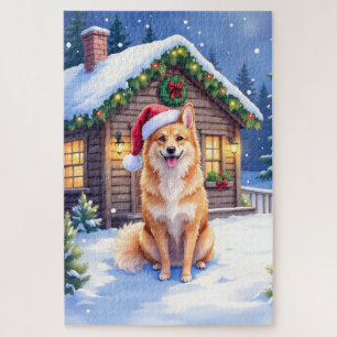 Finnischer Spitz Schneehütte Weihnachtsmannmütze W