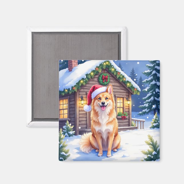 Finnischer Spitz Schneehütte Weihnachtsmannmütze W Magnet (Vorderseite/Rückseite)